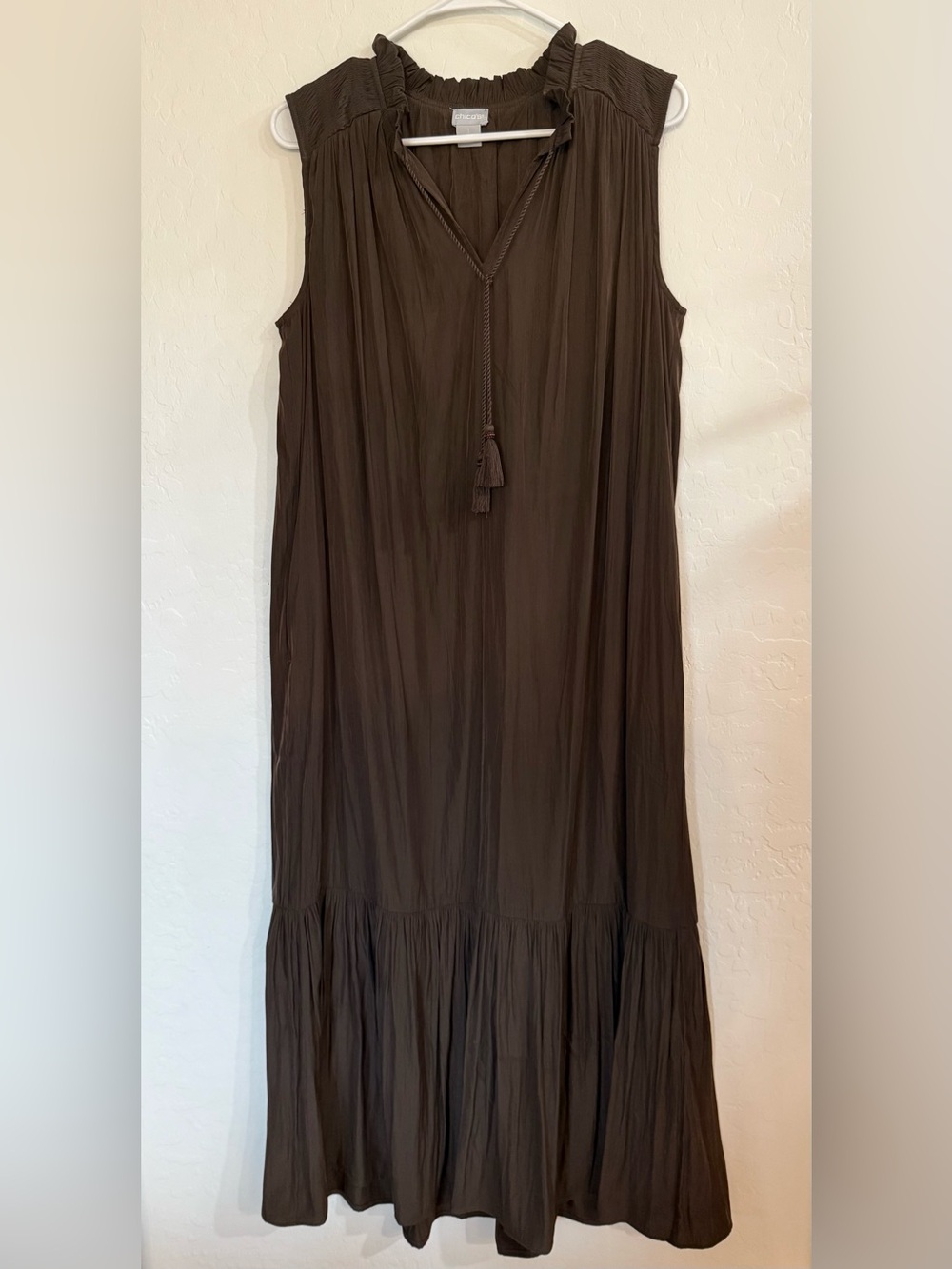 Chico's Brown Sleeveless Textured Dress with Tassel Tie